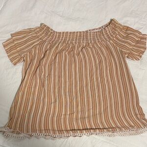 Rewind Tan and White Striped Off-Shoulder Blouse
